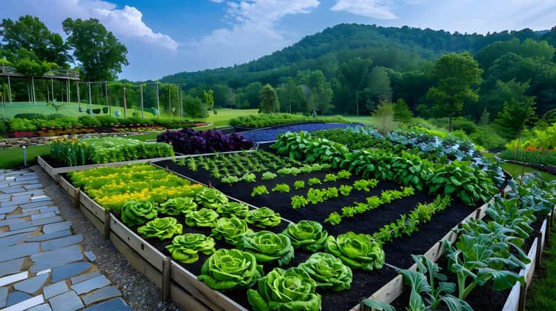 Natural stone fence enclosing community garden diverse vegetables
